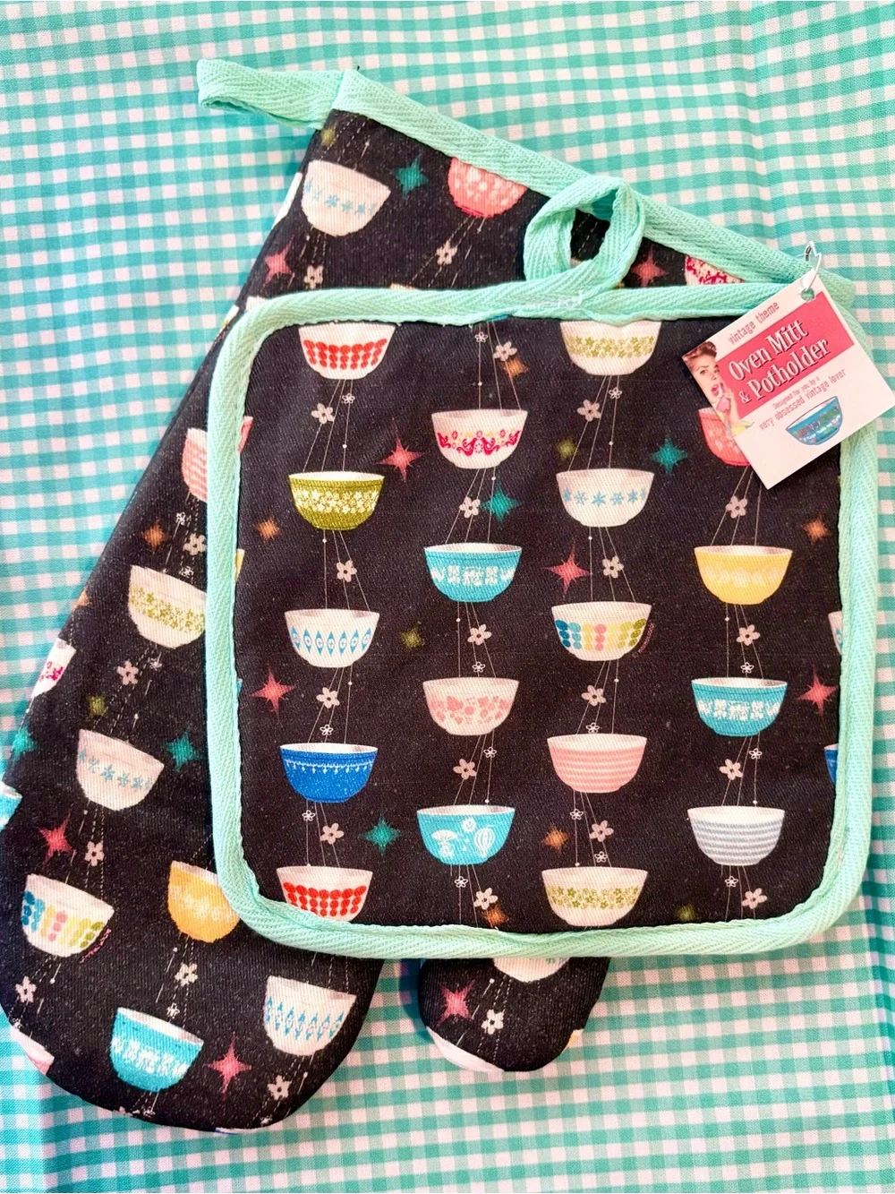 Apron new vintage Pyrex bowls pattern bespoke fabric design by me